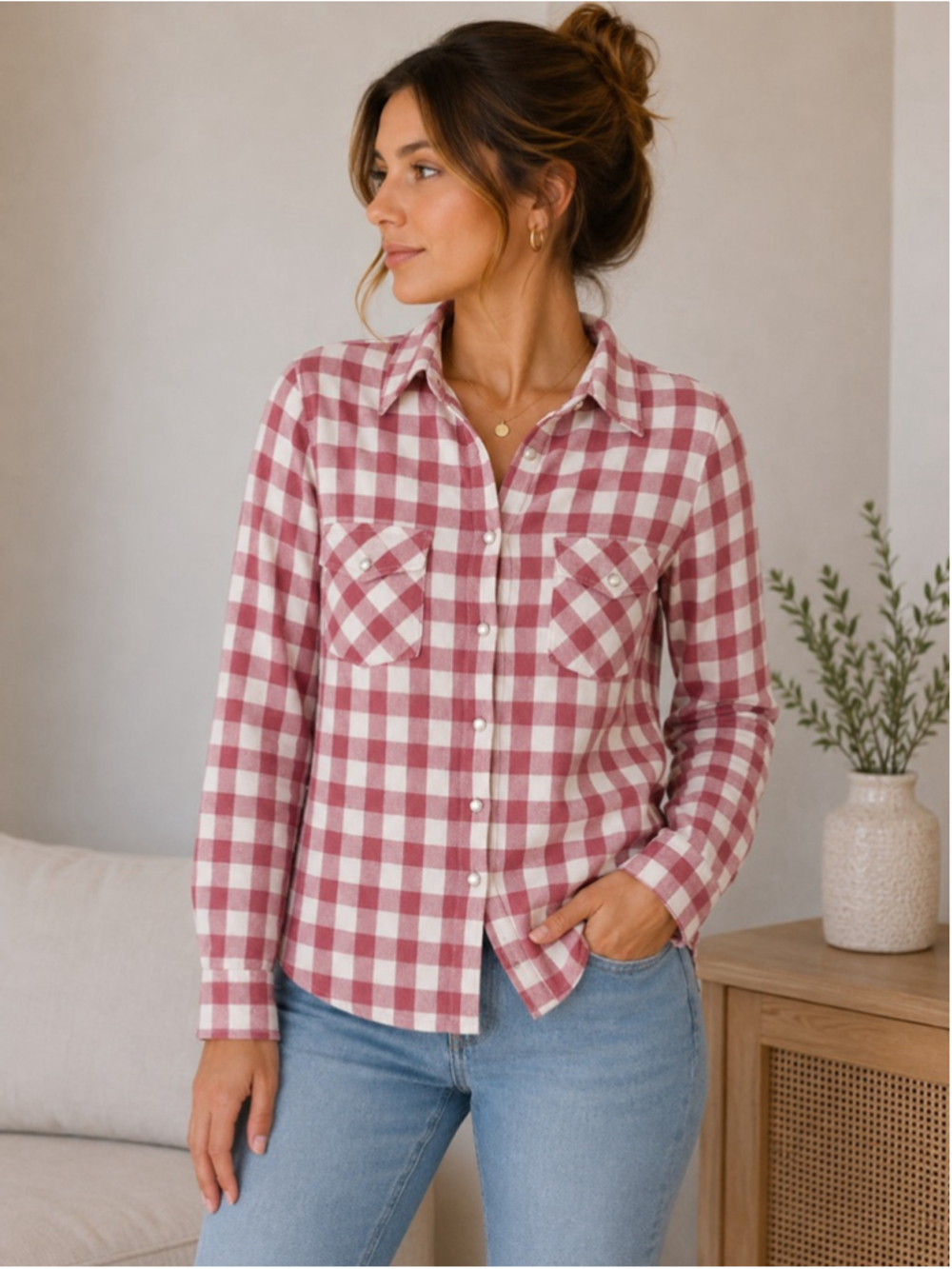 Women's Lovestitch Plaid Button Up Shirt Red/White Size S Summer